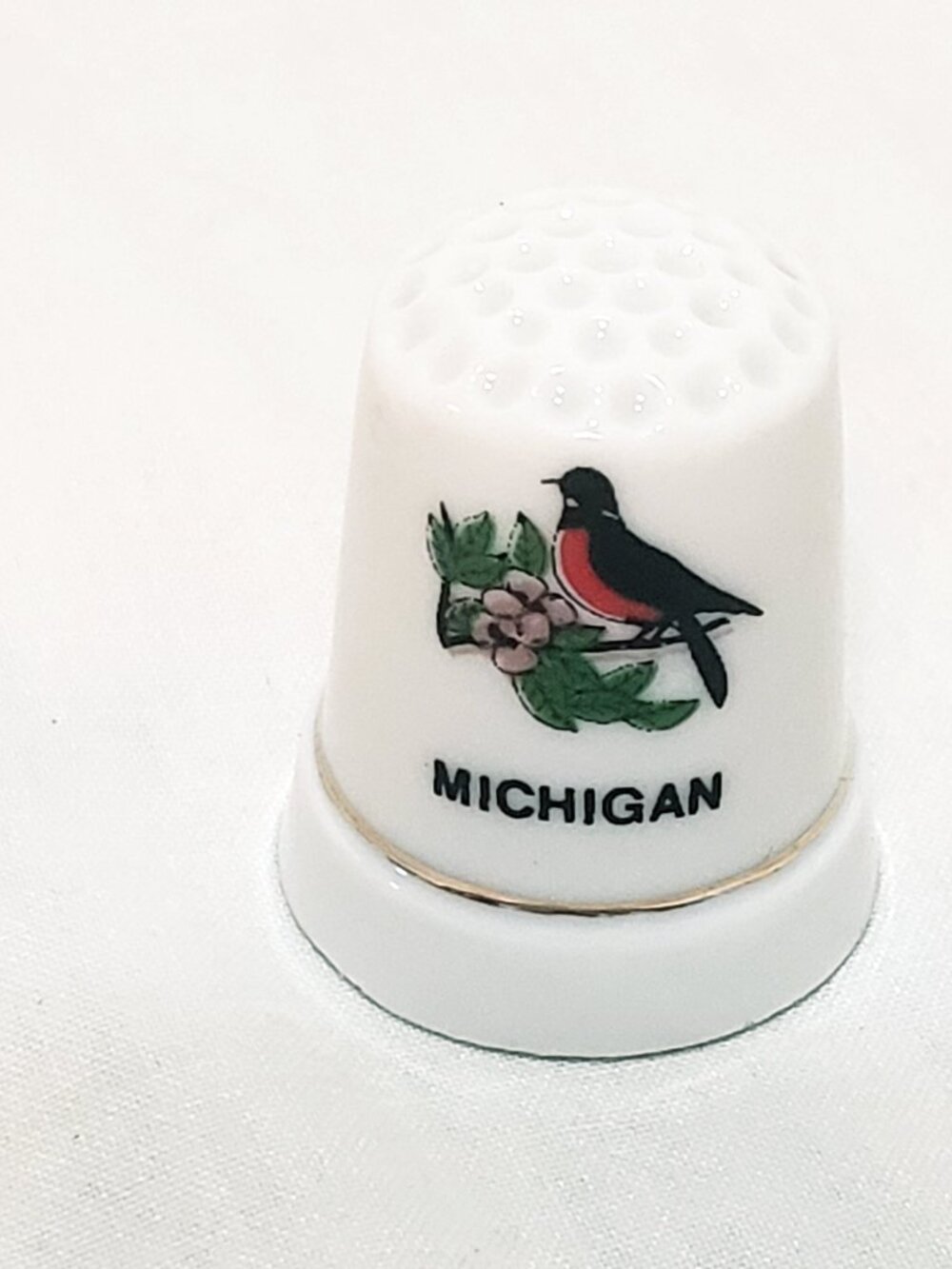 Michigan State Robin Bird Apple Blossom Thimble Souvenir Porcelain Vintage 1"